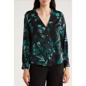 NWT LIVERPOOL LOS ANGELES Black‎ Teal Floral Petite M Long Sleeve V Neck Blouse